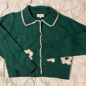 Listicle Green Cardigan with White Accents medium